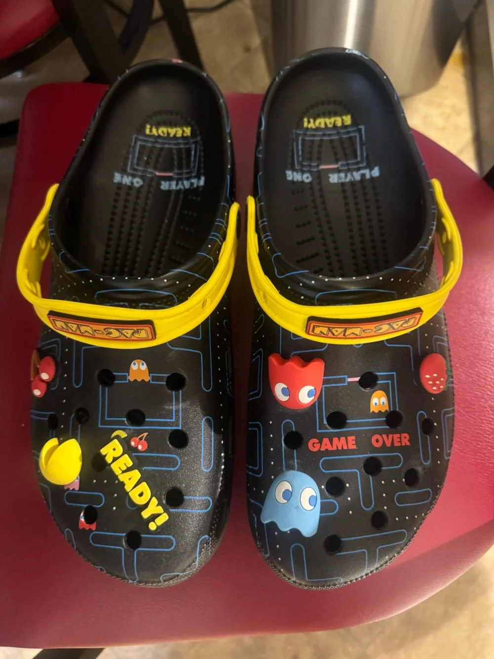 CROCS Men’s Limited Edition Pac-Man Black Clogs with Yellow Strap and Red